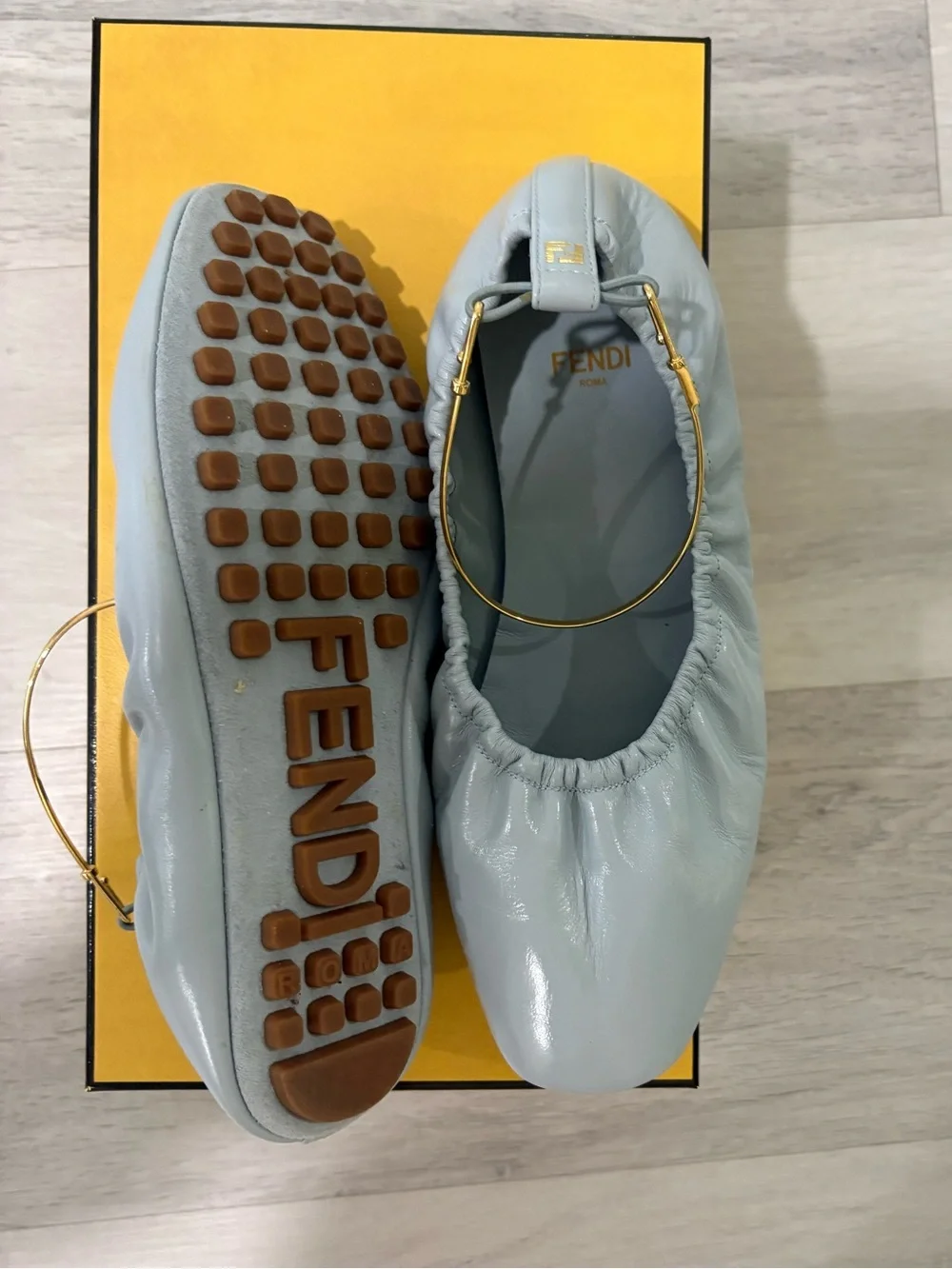 Fendi Pale Blue Leather Ballerina Flat with Gold Hoop